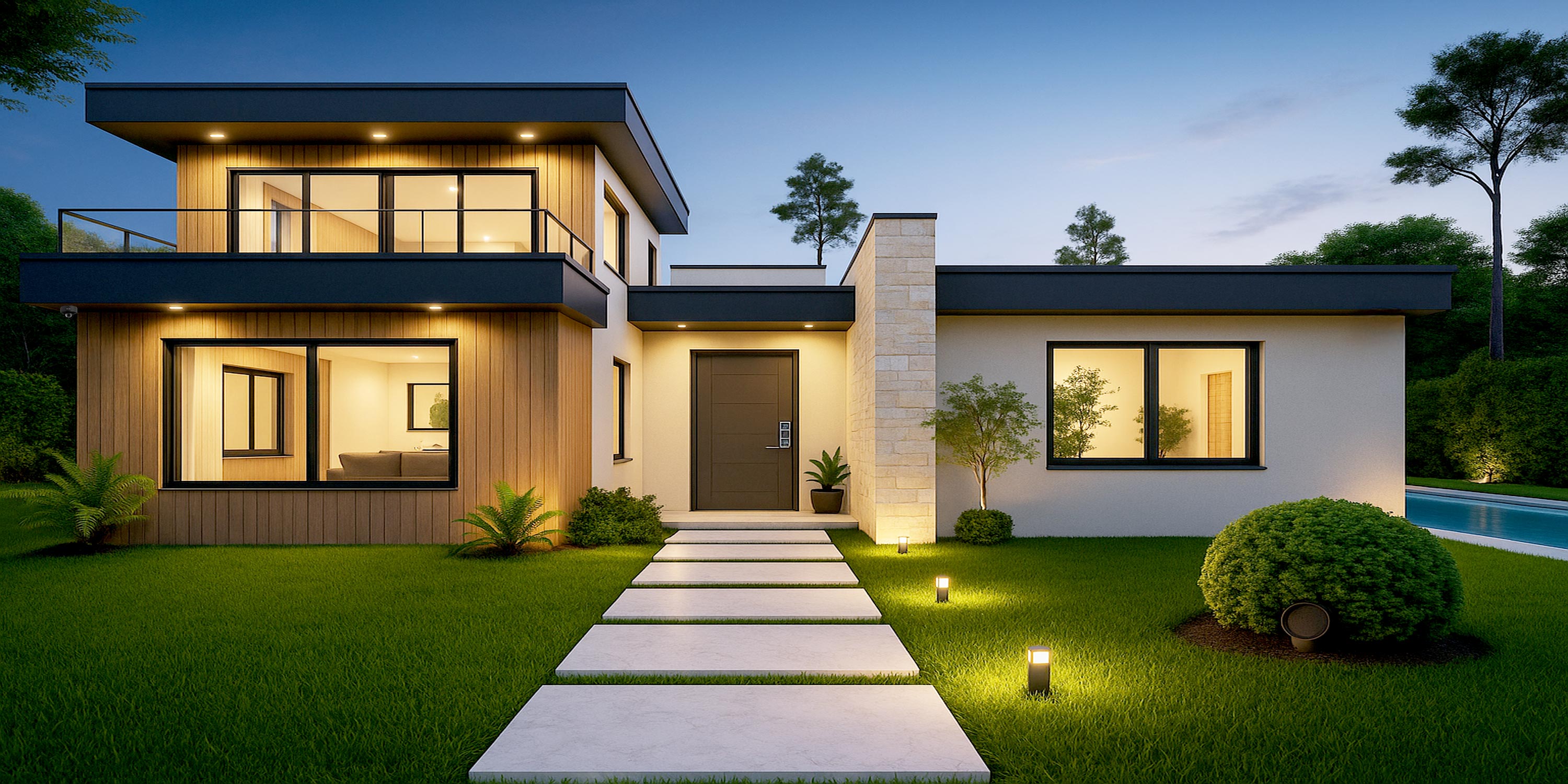 Modern two-story home with path lighting, smart lock, cameras, and a pool in view