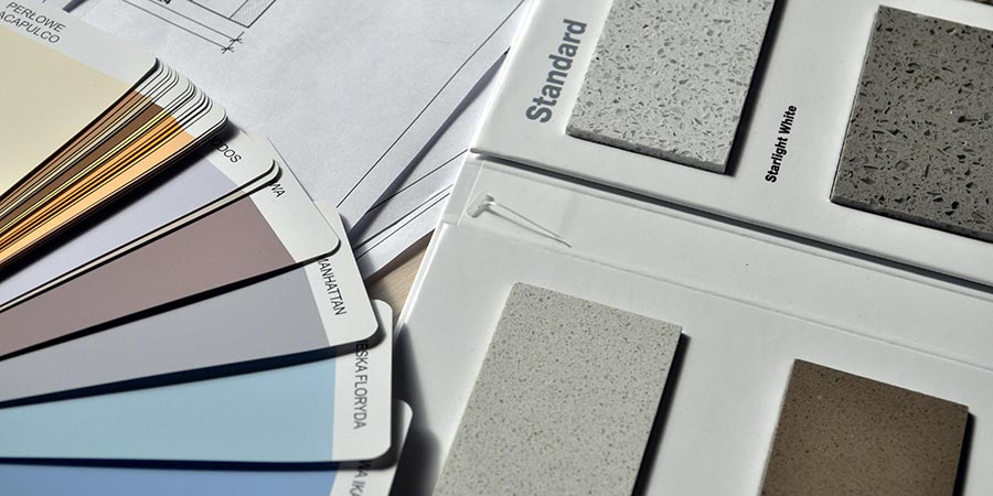 Architectural samples including paint swatches and stone textures