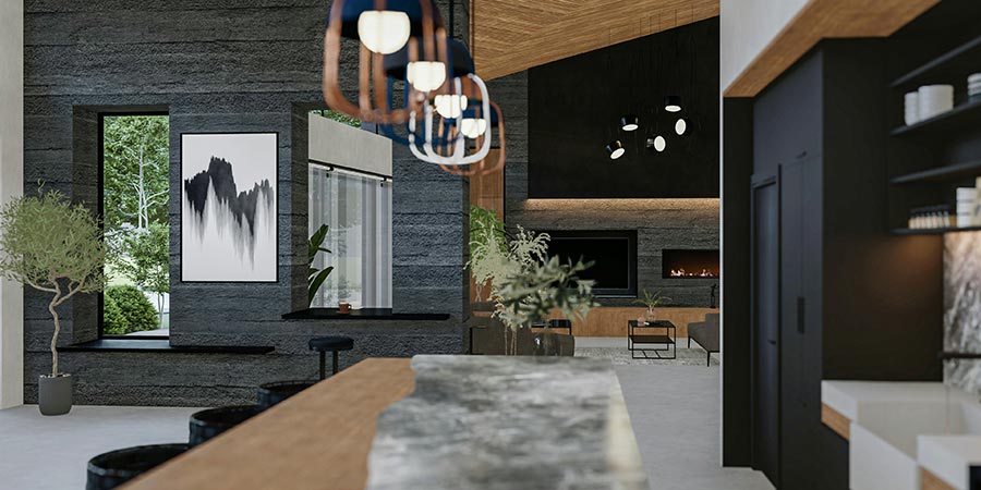 Modern luxury interior with sleek furniture and pendant lighting
