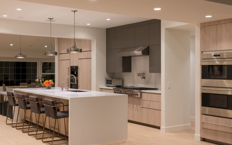 Control4 Touch panel in a able with a traditional home in the background